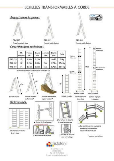 echelle 3 plans, échelles à trois plans transformable à main et coulisse à corde en aluminium profilé